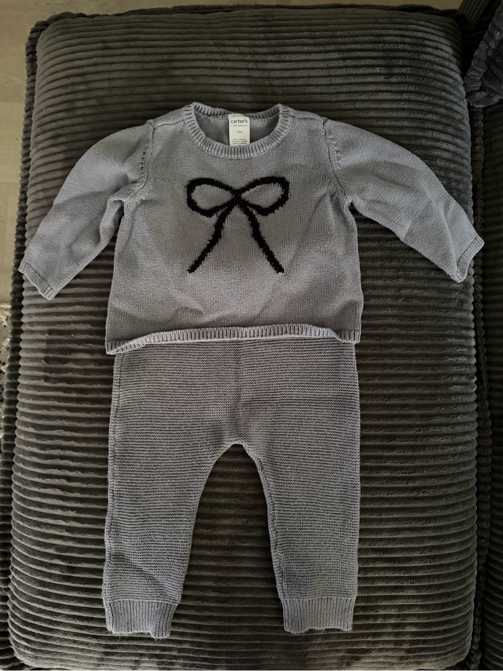 Carter's Light Gray Knit Sweater & Pants Set with Black Bow